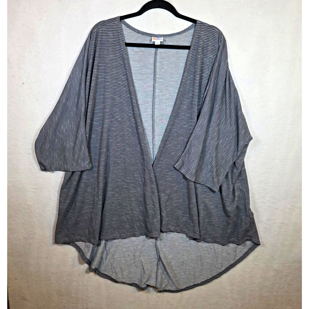 LuLaRoe Open Front Cardigan Sweater Gray/White Striped 3/4 Sleeve L